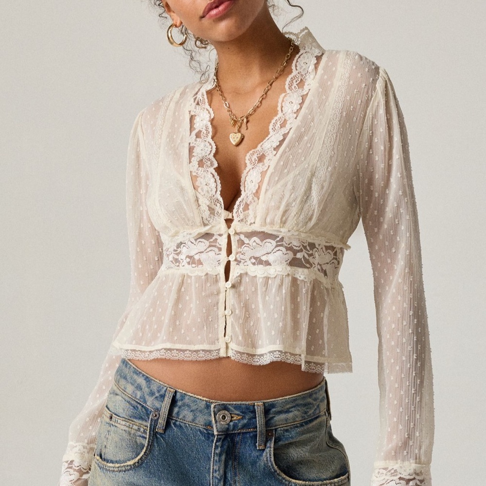 Kimchi Blue Cream Dolly Sheer Swiss Dot Blouse